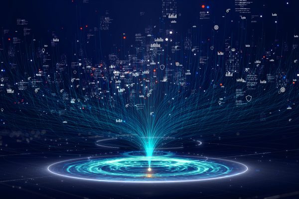 Abstract digital network data stream with cybersecurity icons glowing