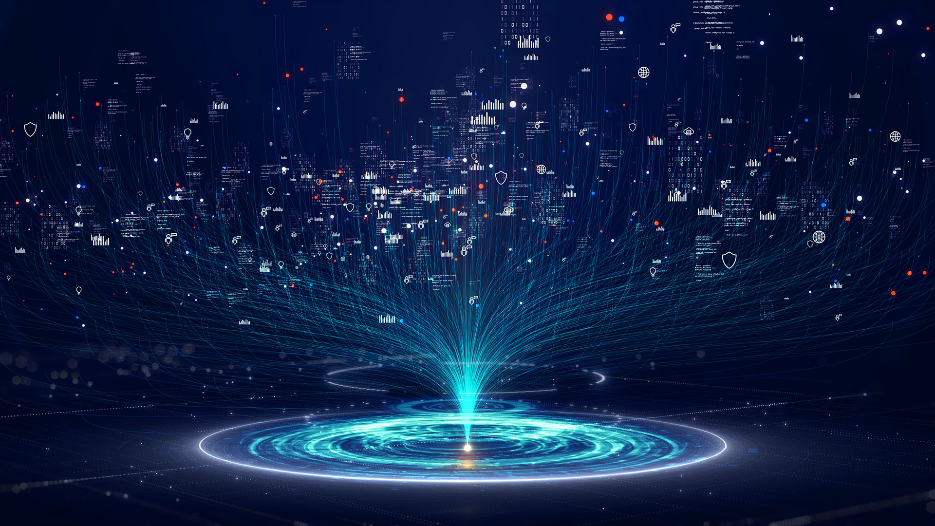 Abstract digital network data stream with cybersecurity icons glowing