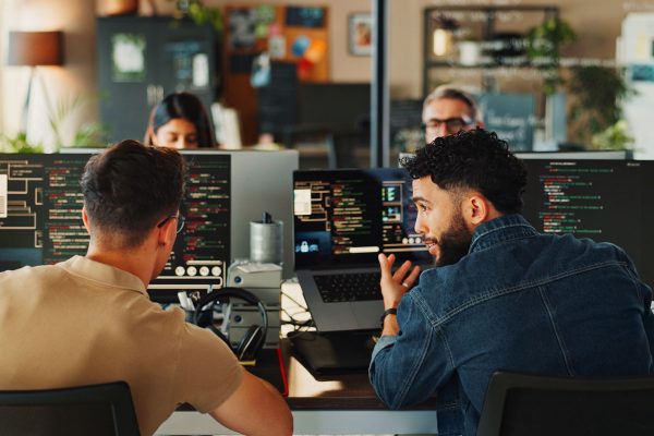 Two IT professionals discussing code on dual monitor setup